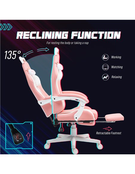 HOMCOM Cat Ear and Paw Reclining Office Chair, with Footrest - Pink/White - pic 120158 | FastDaddyshop