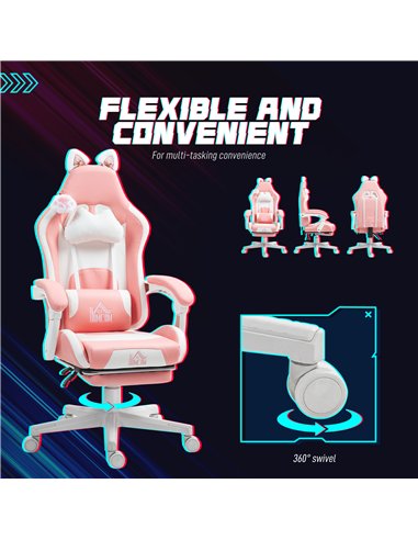 HOMCOM Cat Ear and Paw Reclining Office Chair, with Footrest - Pink/White