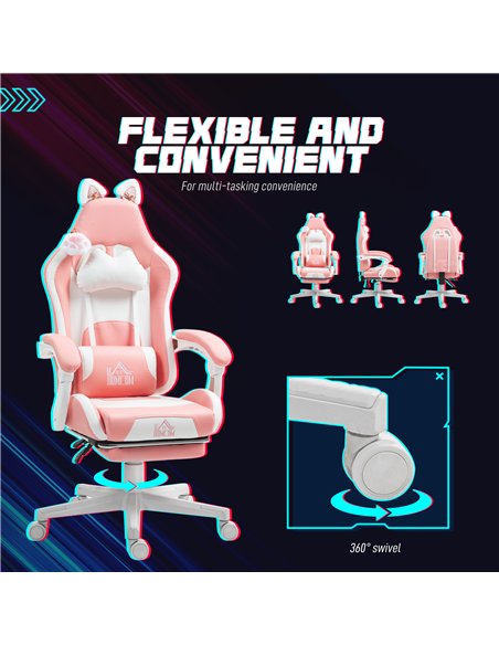 HOMCOM Cat Ear and Paw Reclining Office Chair, with Footrest - Pink/White - pic 120159 | FastDaddyshop