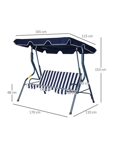 Outsunny 3 Seater Canopy Swing Chair Outdoor Garden Bench with Sun Cover Metal Frame - Blue Stripes