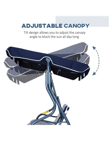 Outsunny 3 Seater Canopy Swing Chair Outdoor Garden Bench with Sun Cover Metal Frame - Blue Stripes