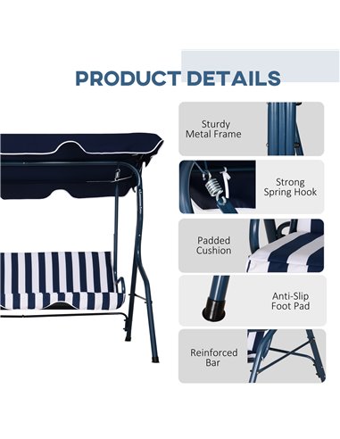 Outsunny 3 Seater Canopy Swing Chair Outdoor Garden Bench with Sun Cover Metal Frame - Blue Stripes