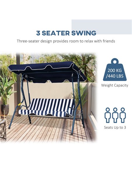 Outsunny 3 Seater Canopy Swing Chair Outdoor Garden Bench with Sun Cover Metal Frame - Blue Stripes - pic 12019 | FastDaddyshop