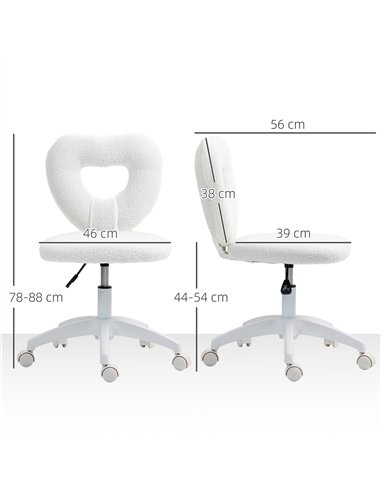 HOMCOM Armless Heart Computer Desk Chair, Teddy Fleece Swivel Office Chair, Makeup Vanity Chair with Height Adjustable, Wheels, 