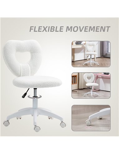 HOMCOM Armless Heart Computer Desk Chair, Teddy Fleece Swivel Office Chair, Makeup Vanity Chair with Height Adjustable, Wheels, 