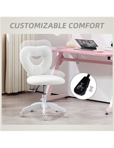 HOMCOM Armless Heart Computer Desk Chair, Teddy Fleece Swivel Office Chair, Makeup Vanity Chair with Height Adjustable, Wheels, 