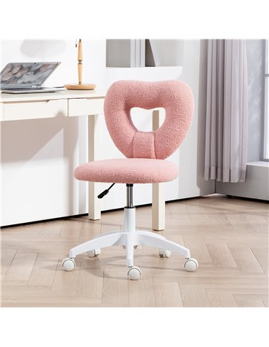 HOMCOM Armless Heart Computer Desk Chair, Teddy Fleece Swivel Office Chair, Makeup Vanity Chair with Height Adjustable, Wheels, 