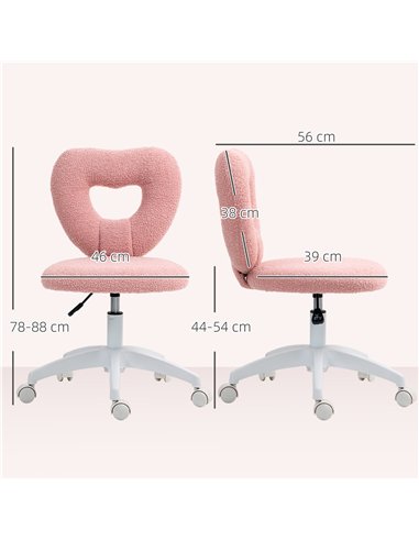 HOMCOM Armless Heart Computer Desk Chair, Teddy Fleece Swivel Office Chair, Makeup Vanity Chair with Height Adjustable, Wheels, 