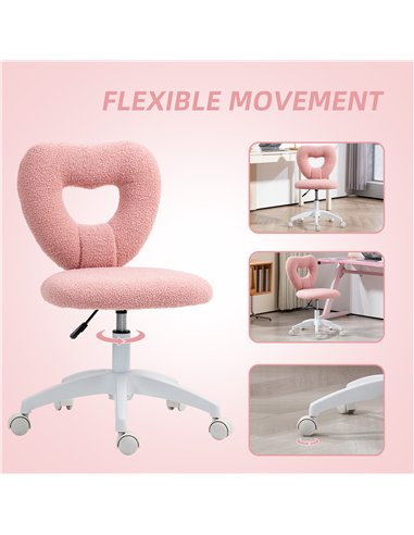 HOMCOM Armless Heart Computer Desk Chair, Teddy Fleece Swivel Office Chair, Makeup Vanity Chair with Height Adjustable, Wheels, 