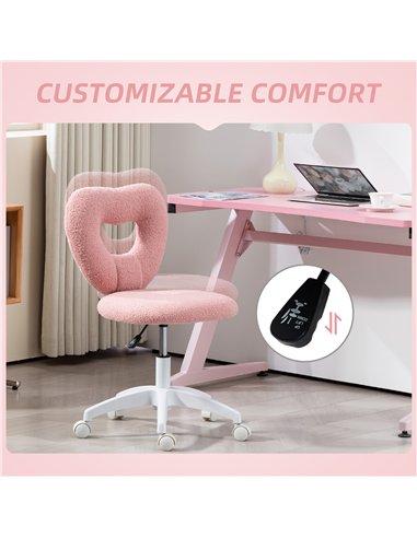 HOMCOM Armless Heart Computer Desk Chair, Teddy Fleece Swivel Office Chair, Makeup Vanity Chair with Height Adjustable, Wheels, 