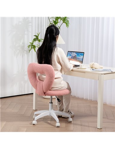 HOMCOM Armless Heart Computer Desk Chair, Teddy Fleece Swivel Office Chair, Makeup Vanity Chair with Height Adjustable, Wheels, 