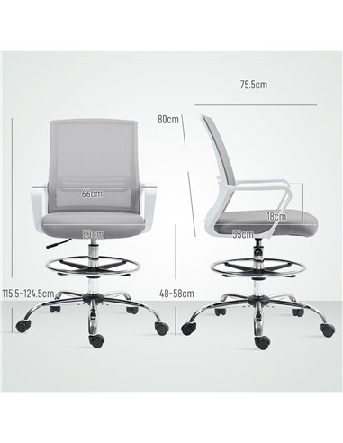 HOMCOM Draughtsman Chair, Mesh Drafting Chair, Ergonomic Office Chair with Lumbar Support, Adjustable Foot Ring, Grey