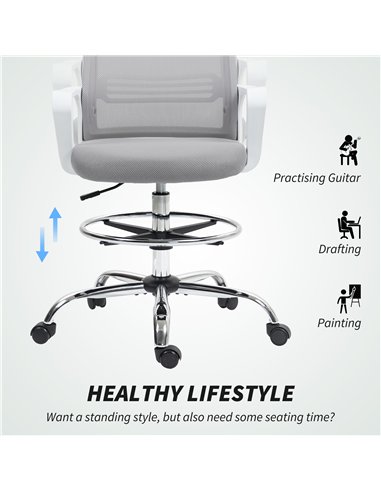 HOMCOM Draughtsman Chair, Mesh Drafting Chair, Ergonomic Office Chair with Lumbar Support, Adjustable Foot Ring, Grey