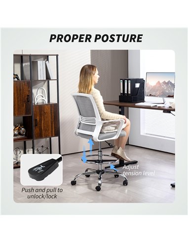HOMCOM Draughtsman Chair, Mesh Drafting Chair, Ergonomic Office Chair with Lumbar Support, Adjustable Foot Ring, Grey