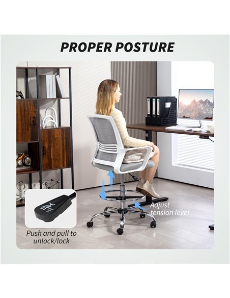 HOMCOM Draughtsman Chair, Mesh Drafting Chair, Ergonomic Office Chair with Lumbar Support, Adjustable Foot Ring, Grey - pic 120391 | FastDaddyshop