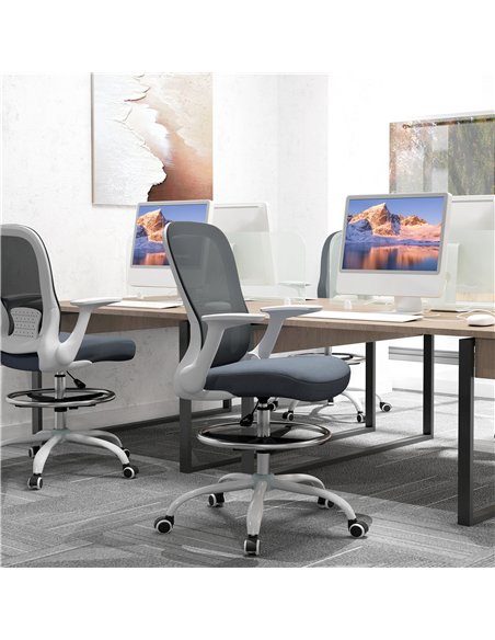 HOMCOM Draughtsman Chair, Mesh Drafting Chair, Ergonomic Office Chair with Flip-up Armrest, Adjustable Foot Ring, Grey - pic 120397 | FastDaddyshop