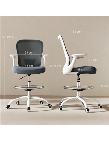 HOMCOM Draughtsman Chair, Mesh Drafting Chair, Ergonomic Office Chair with Flip-up Armrest, Adjustable Foot Ring, Grey