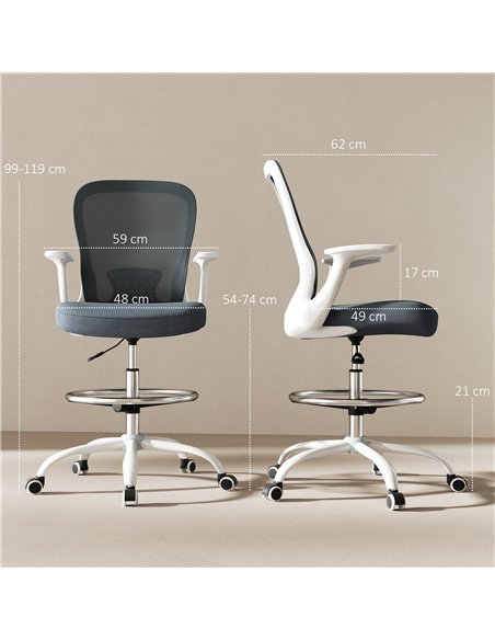 HOMCOM Draughtsman Chair, Mesh Drafting Chair, Ergonomic Office Chair with Flip-up Armrest, Adjustable Foot Ring, Grey - pic 120398 | FastDaddyshop