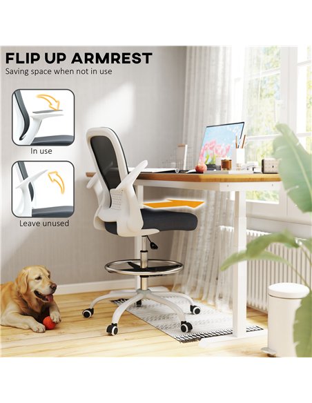 HOMCOM Draughtsman Chair, Mesh Drafting Chair, Ergonomic Office Chair with Flip-up Armrest, Adjustable Foot Ring, Grey - pic 120399 | FastDaddyshop