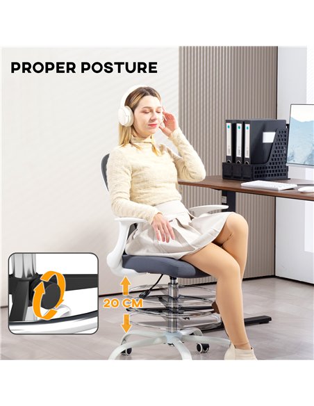 HOMCOM Draughtsman Chair, Mesh Drafting Chair, Ergonomic Office Chair with Flip-up Armrest, Adjustable Foot Ring, Grey - pic 120401 | FastDaddyshop