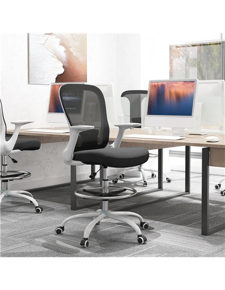 HOMCOM Draughtsman Chair, Mesh Drafting Chair, Ergonomic Office Chair with Flip-up Armrest, Adjustable Foot Ring, Black White - pic 120406 | FastDaddyshop