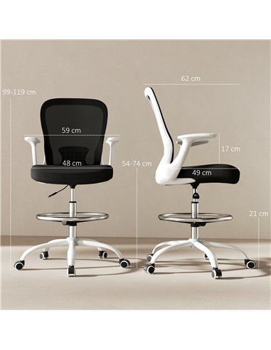 HOMCOM Draughtsman Chair, Mesh Drafting Chair, Ergonomic Office Chair with Flip-up Armrest, Adjustable Foot Ring, Black White