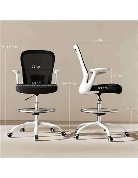 HOMCOM Draughtsman Chair, Mesh Drafting Chair, Ergonomic Office Chair with Flip-up Armrest, Adjustable Foot Ring, Black White - pic 120407 | FastDaddyshop