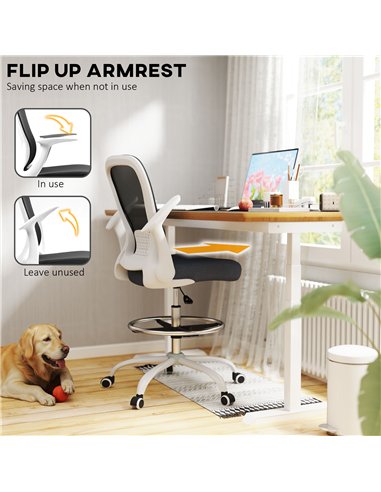 HOMCOM Draughtsman Chair, Mesh Drafting Chair, Ergonomic Office Chair with Flip-up Armrest, Adjustable Foot Ring, Black White
