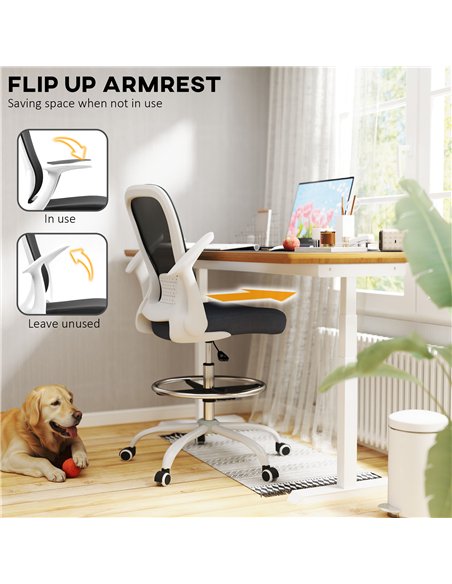 HOMCOM Draughtsman Chair, Mesh Drafting Chair, Ergonomic Office Chair with Flip-up Armrest, Adjustable Foot Ring, Black White - pic 120408 | FastDaddyshop