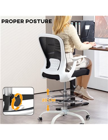 HOMCOM Draughtsman Chair, Mesh Drafting Chair, Ergonomic Office Chair with Flip-up Armrest, Adjustable Foot Ring, Black White