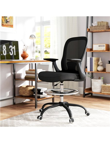 HOMCOM Draughtsman Chair, Mesh Drafting Chair, Ergonomic Office Chair with Flip-up Armrest, Adjustable Foot Ring, Black - pic 120415 | FastDaddyshop