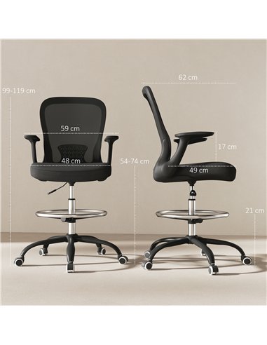 HOMCOM Draughtsman Chair, Mesh Drafting Chair, Ergonomic Office Chair with Flip-up Armrest, Adjustable Foot Ring, Black