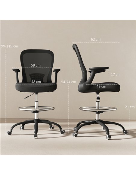 HOMCOM Draughtsman Chair, Mesh Drafting Chair, Ergonomic Office Chair with Flip-up Armrest, Adjustable Foot Ring, Black - pic 120416 | FastDaddyshop