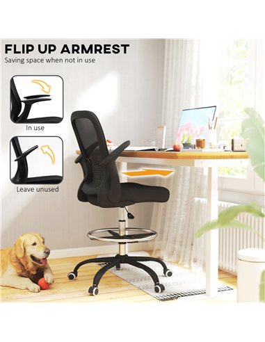 HOMCOM Draughtsman Chair, Mesh Drafting Chair, Ergonomic Office Chair with Flip-up Armrest, Adjustable Foot Ring, Black