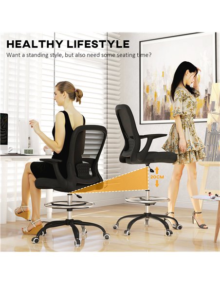 HOMCOM Draughtsman Chair, Mesh Drafting Chair, Ergonomic Office Chair with Flip-up Armrest, Adjustable Foot Ring, Black - pic 120418 | FastDaddyshop