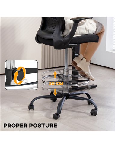 HOMCOM Draughtsman Chair, Mesh Drafting Chair, Ergonomic Office Chair with Flip-up Armrest, Adjustable Foot Ring, Black