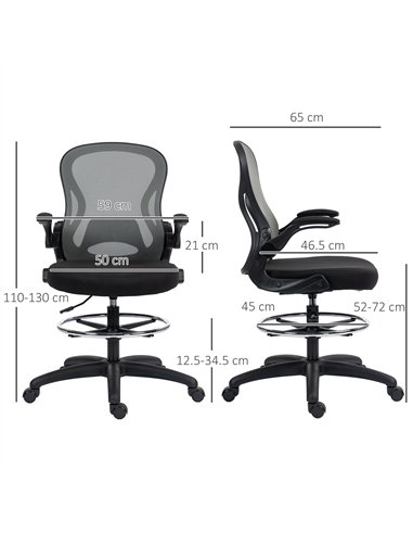 Vinsetto Adjustable Mesh Standing Desk Chair with Flip-up Armrests Lumbar Support Armrests Adjustable Footrest Ring, Dark Grey