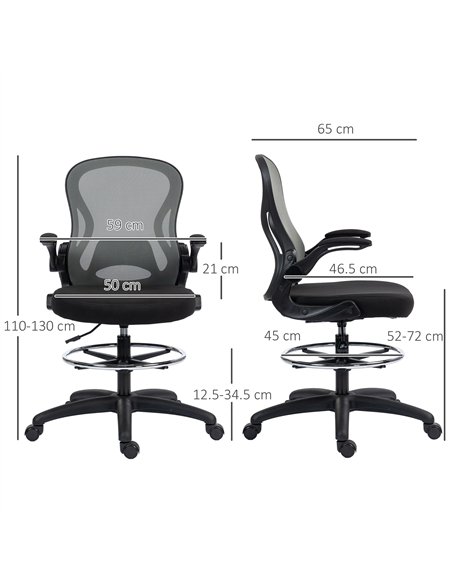 Vinsetto Adjustable Mesh Standing Desk Chair with Flip-up Armrests Lumbar Support Armrests Adjustable Footrest Ring, Dark Grey - pic 120443 | FastDaddyshop