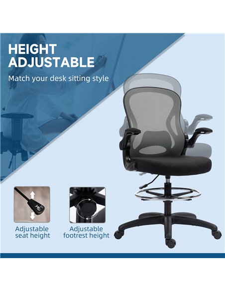 Vinsetto Adjustable Mesh Standing Desk Chair with Flip-up Armrests Lumbar Support Armrests Adjustable Footrest Ring, Dark Grey - pic 120444 | FastDaddyshop