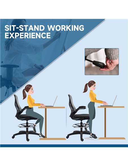 Vinsetto Adjustable Mesh Standing Desk Chair with Flip-up Armrests Lumbar Support Armrests Adjustable Footrest Ring, Dark Grey - pic 120445 | FastDaddyshop