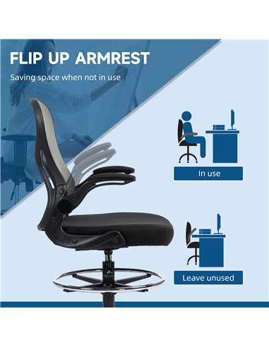 Vinsetto Adjustable Mesh Standing Desk Chair with Flip-up Armrests Lumbar Support Armrests Adjustable Footrest Ring, Dark Grey