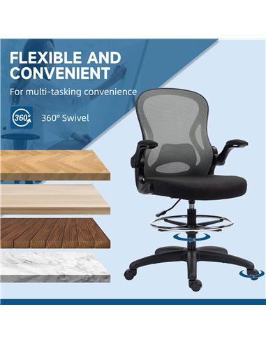 Vinsetto Adjustable Mesh Standing Desk Chair with Flip-up Armrests Lumbar Support Armrests Adjustable Footrest Ring, Dark Grey