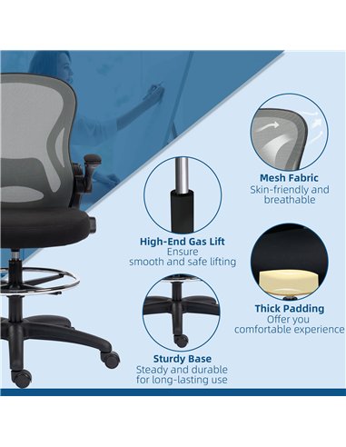 Vinsetto Adjustable Mesh Standing Desk Chair with Flip-up Armrests Lumbar Support Armrests Adjustable Footrest Ring, Dark Grey