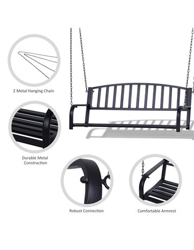Outsunny Garden Swing Chair Patio Metal 2 Seater Swing Bench Porch Balcony Bench Loveseat Minimalist Style - Black