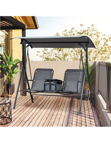 Outsunny 2-Seat Swing Chair with Middle Table, Adjustable Canopy, Sling Seats, Grey
