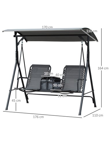 Outsunny 2-Seat Swing Chair with Middle Table, Adjustable Canopy, Sling Seats, Grey