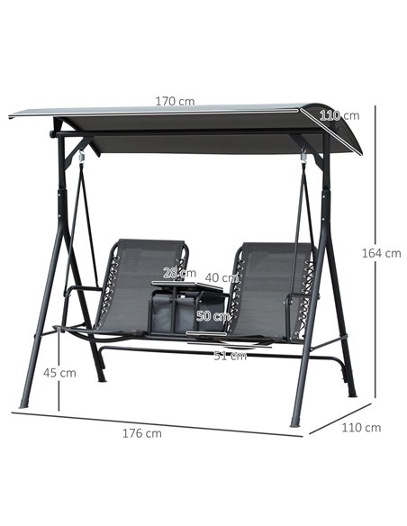 Outsunny 2-Seat Swing Chair with Middle Table, Adjustable Canopy, Sling Seats, Grey - pic 12056 | FastDaddyshop