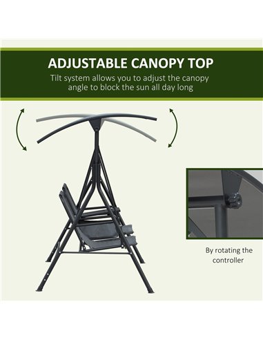 Outsunny 2-Seat Swing Chair with Middle Table, Adjustable Canopy, Sling Seats, Grey