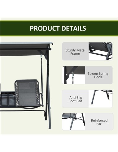 Outsunny 2-Seat Swing Chair with Middle Table, Adjustable Canopy, Sling Seats, Grey