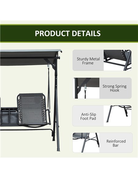 Outsunny 2-Seat Swing Chair with Middle Table, Adjustable Canopy, Sling Seats, Grey - pic 12060 | FastDaddyshop